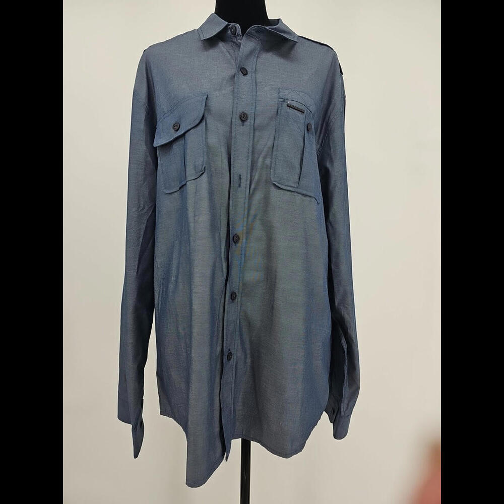 Marc Ecko Men's Military Shirt Cut & Sew Blue Long Sleeve Woven Shirt L